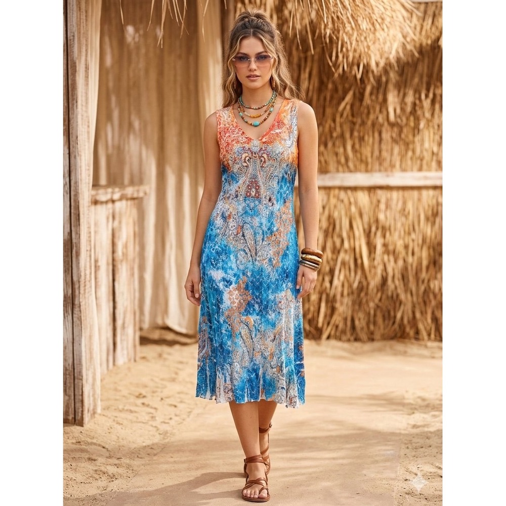 Y2K Roberto Cavalli Boho Style Orange Blue Cut Out Rhinestone Dress Whimsy XL